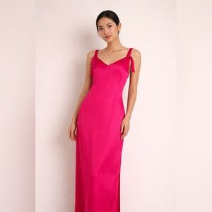 NWT Esprit Hot Pink Satin Maxi Slip Dress Y2K Coquette Tie Shoulder Wedding Sz S